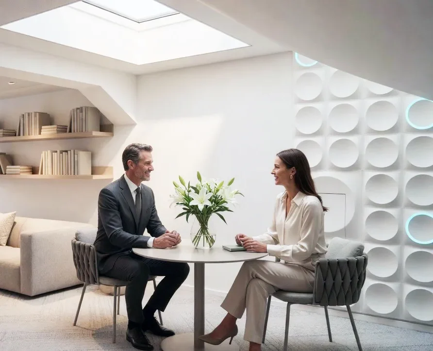 Two professional people sitting at a table in a discussion. White room