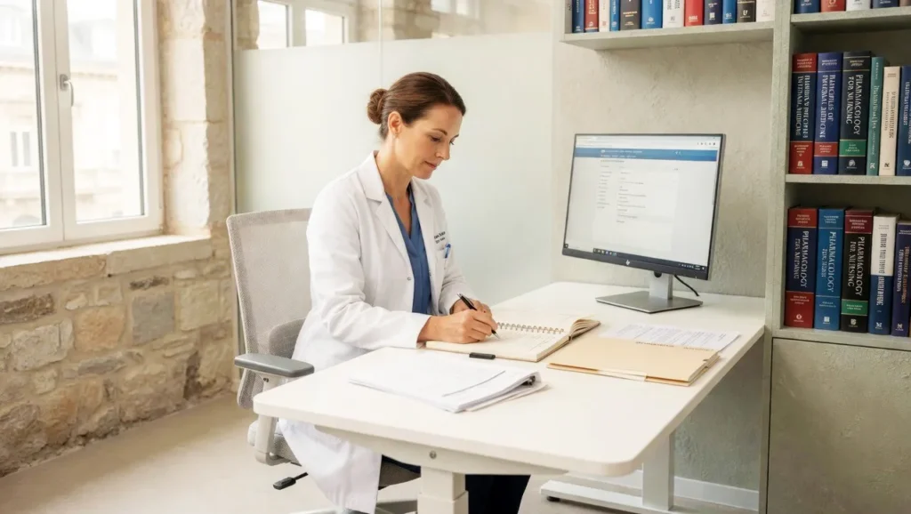 Medical professional, doctor in an office sitting at a desk writing on a document